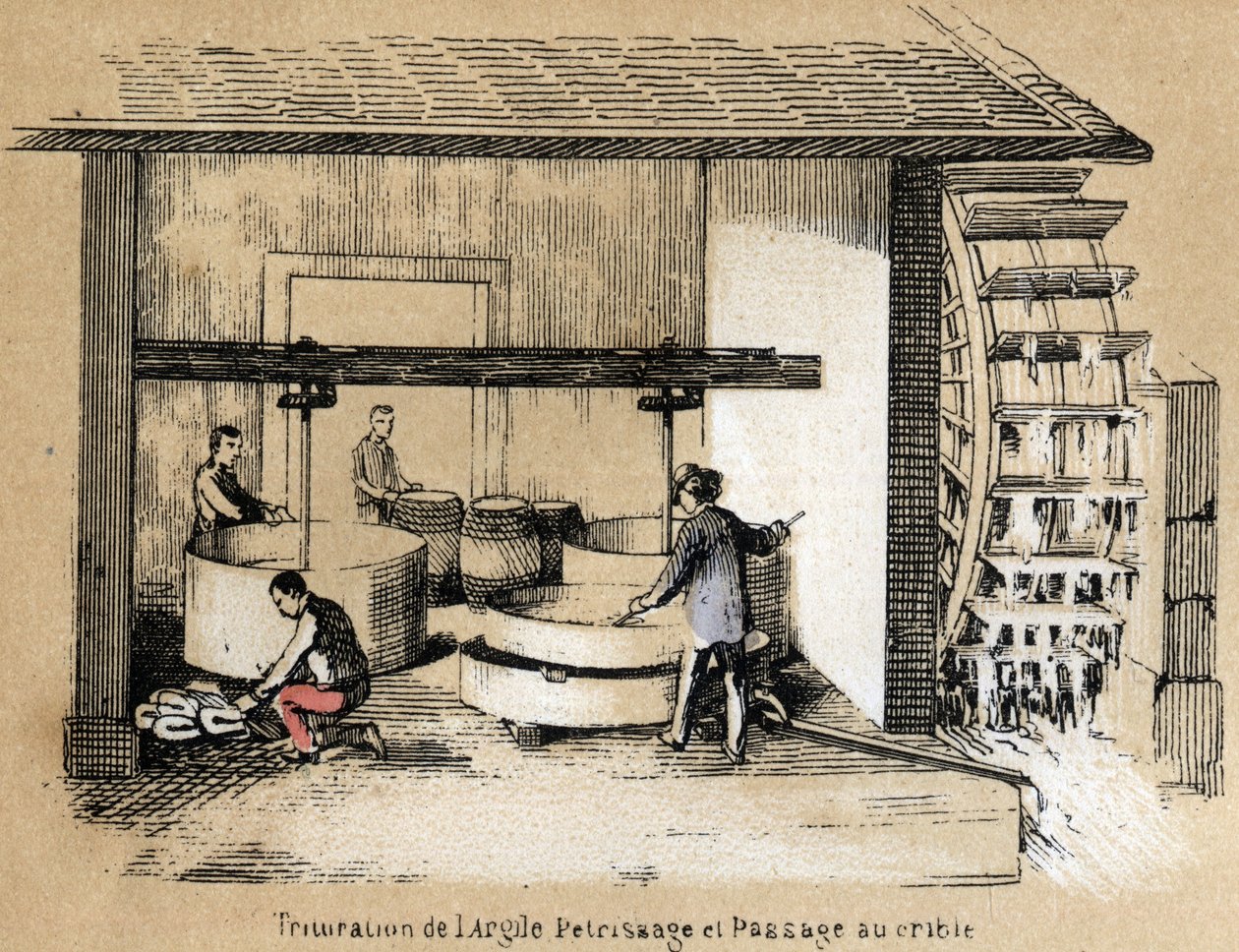 मिट्टी के निर्माण और उपयोग के विभिन्न चरणों का विवरण: मिट्टी को कुचलना, छीलना और छानना। प्लेट "" मिट्टी और उसके उत्पाद "" में "लेस रिक्रिएशन इंस्ट्रक्टिव्स"" जूल्स डेलब्रुक द्वारा सिनॉप्टिक पेंटिंग, 1860 से उत्कीर्ण। निजी द्वारा फ्रेंच स्कूल