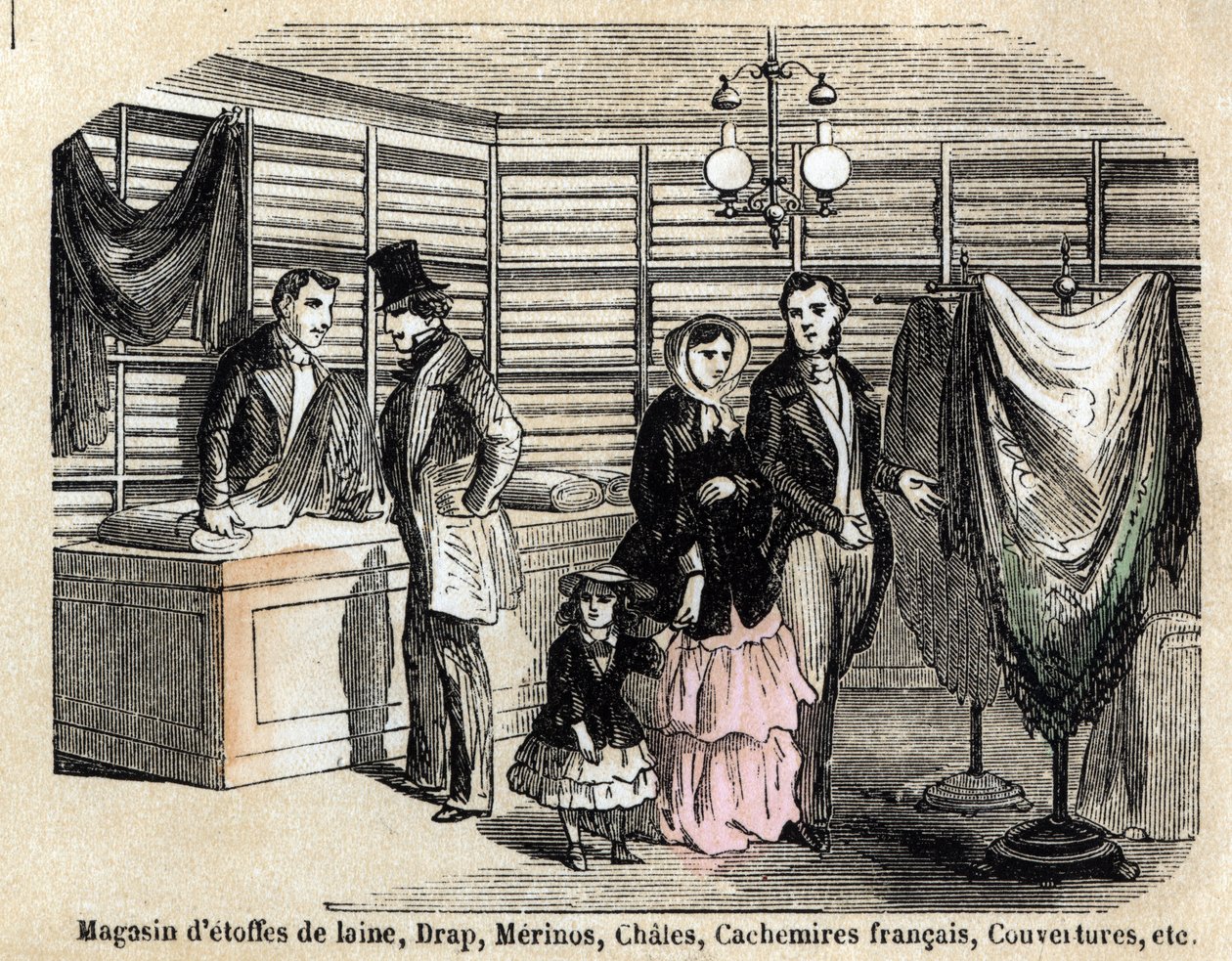 भेड़ से बने विभिन्न उपयोगों और उत्पादों का विवरण: ऊनी कपड़े और कपड़े, चादरें, चूना, कश्मीरी की दुकान का दृश्य। प्लेट "" लेस माउटन "" में "" लेस रिक्रिएशन इंस्ट्रक्टिव्स "" जूल्स डेलब्रुक द्वारा सिनोप्टिक पेंटिंग, 186 द्वारा फ्रेंच स्कूल