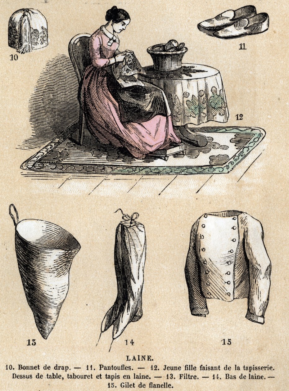 भेड़ के विभिन्न उपयोगों और उत्पादों का विवरण: टेपेस्ट्री और ऊन उत्पाद, टोपी, चप्पल, ऊन स्टॉकिंग्स, फलालैन बनियान। प्लेट "" लेस माउटन "" में "" लेस रिक्रिएशन इंस्ट्रक्टिव्स "" जूल्स डेलब्रुक द्वारा सिनॉप्टिक पेंटिंग,  द्वारा फ्रेंच स्कूल