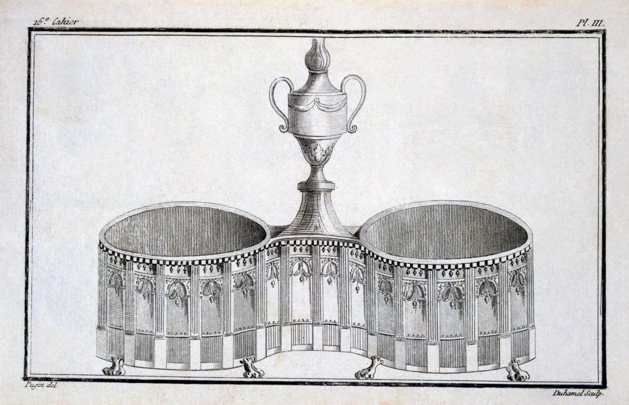 डुहमेल, c.1770s-80s द्वारा एक साथ रखी गई नव-शास्त्रीय धातु वर्क की एक पैटर्न बुक से पुगिन द्वारा डिजाइन द्वारा फ्रेंच स्कूल