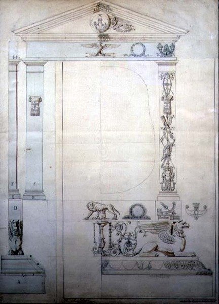 शेवाल दर्पण के लिए डिज़ाइन, c.1815 (कागज पर कलम और स्याही और पानी के रंग का) द्वारा फ्रेंच स्कूल
