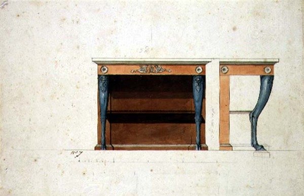 Directoire कंसोल टेबल के लिए डिज़ाइन, c.1795 (कागज पर वॉटरकलर के साथ कलम और स्याही) द्वारा फ्रेंच स्कूल