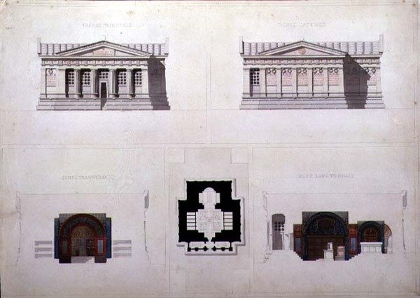 ग्रीक पुनरुद्धार शैली के मकबरे के लिए डिज़ाइन, C.1835 (कागज पर पानी के रंग के साथ कलम और स्याही) द्वारा फ्रेंच स्कूल
