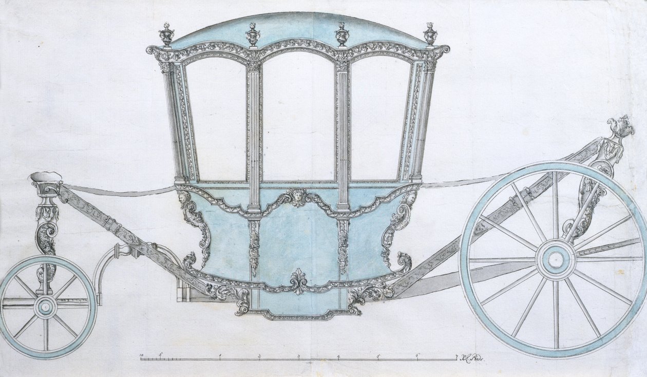 एक कोच के लिए डिज़ाइन, c.1760 (नीले रंग के साथ पेन और स्याही) द्वारा फ्रेंच स्कूल