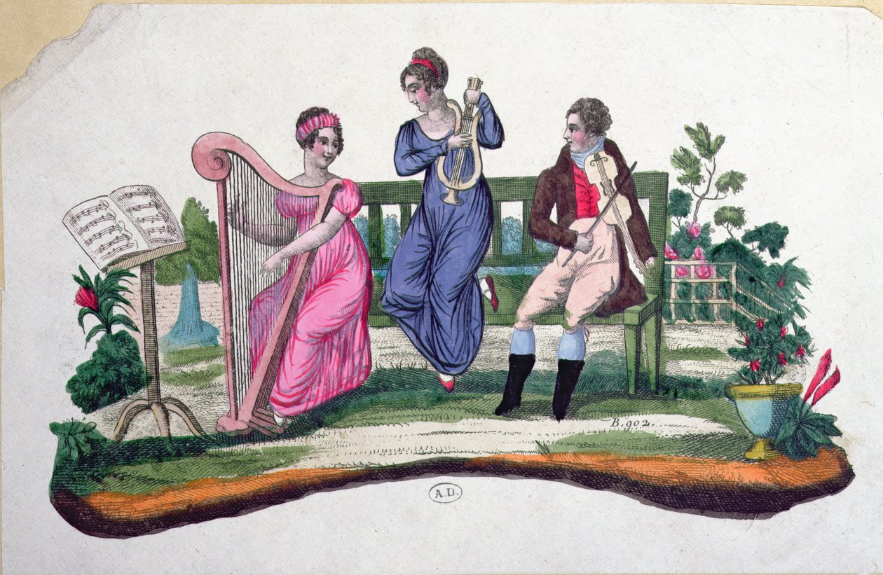 एक बाहरी कॉन्सर्ट को दर्शाने वाले प्रशंसक के लिए डिज़ाइन, c.1830 द्वारा फ्रेंच स्कूल
