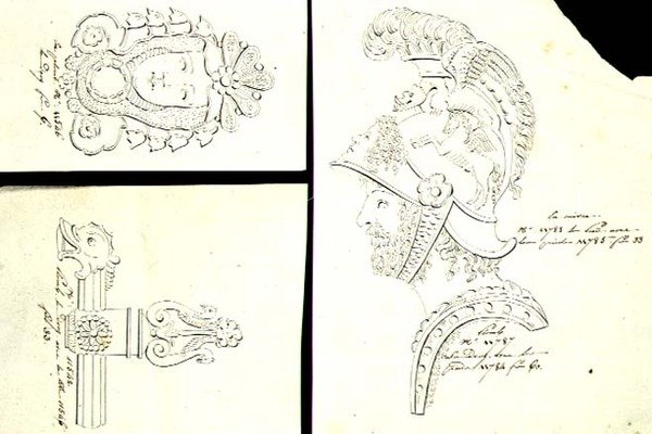 कांस्य ओरमोलू फर्नीचर माउंट के लिए डिजाइन, c.1825 (कागज पर कलम और स्याही) द्वारा फ्रेंच स्कूल