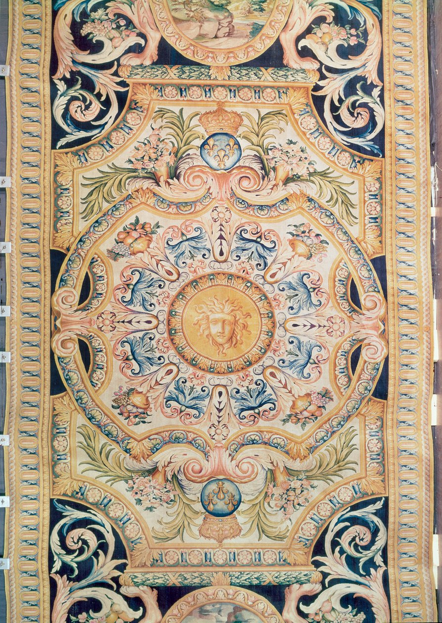 लौवर के ग्रांड गैलरी के लिए बने सवोनेरी कालीन का विवरण, c.1680 (ऊन) द्वारा फ्रेंच स्कूल