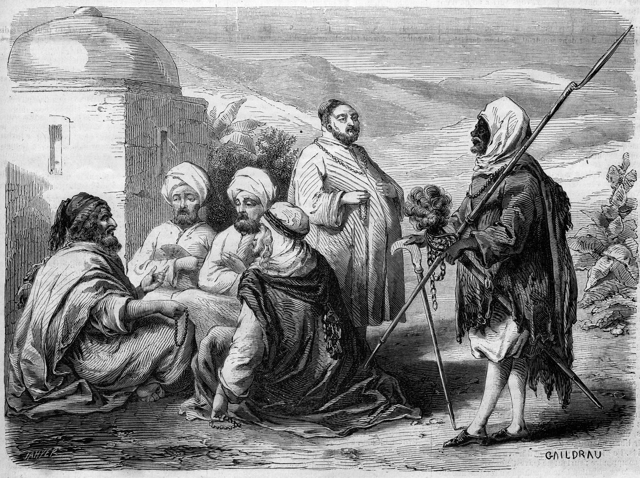 ट्यूनिस, ट्यूनीशिया की गलियों में विभिन्न प्रकार के दरवेश (भिखारी) द्वारा फ्रेंच स्कूल