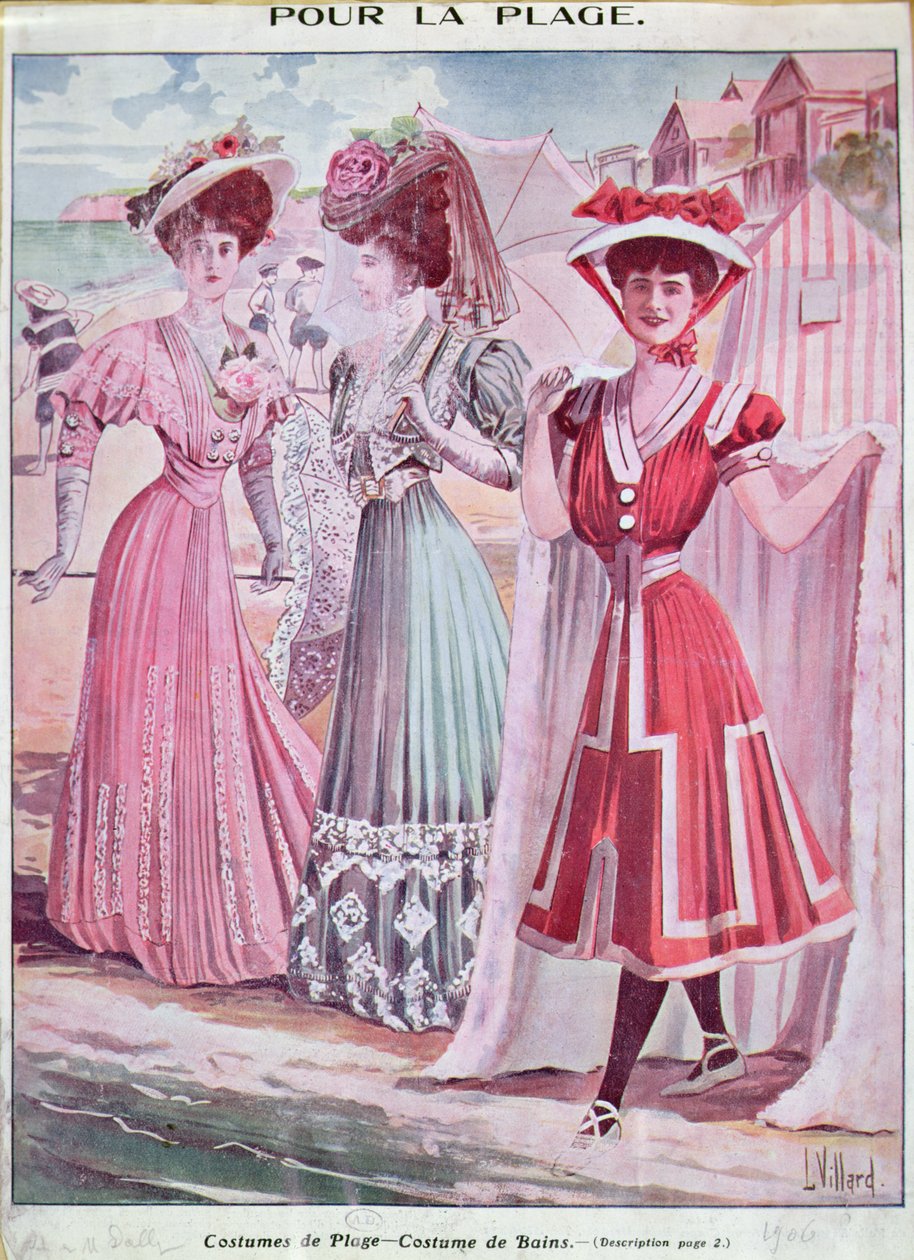 बीसवीं सदी की शुरुआत में समुद्र तट और स्नान पोशाक, c.1906 (कलर लिथो) द्वारा फ्रेंच स्कूल