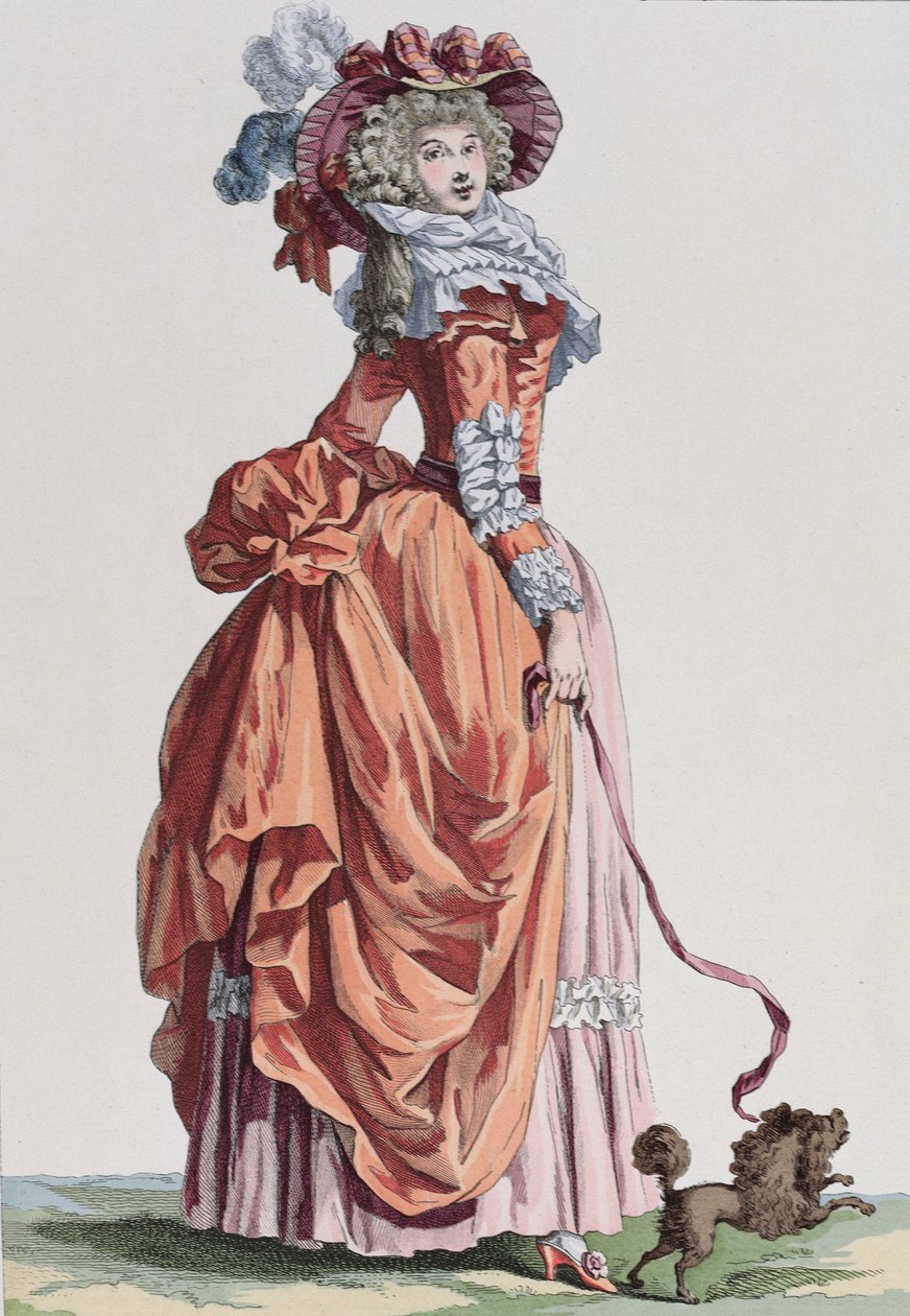 अपने कुत्ते के साथ सुरुचिपूर्ण महिला, Galerie des Modes et Costumes Francais से फैशन प्लेट, Bacquoy द्वारा उत्कीर्ण (रंग उत्कीर्णन) द्वारा फ्रेंच स्कूल