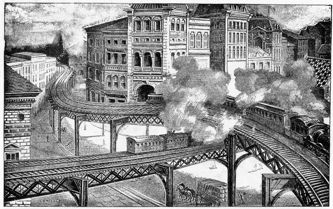 न्यूयॉर्क का एलिवेटेड रेलवे, 1893 द्वारा फ्रेंच स्कूल