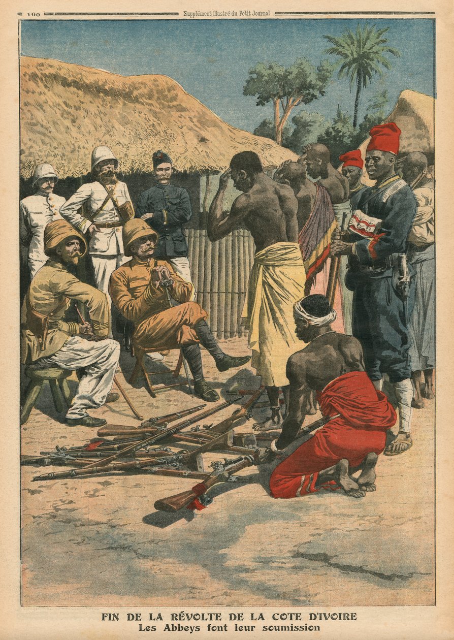 कोटे डी आइवर के विद्रोह का अंत, कमांडरों नोगेस के सामने आत्मसमर्पण कर रहे अभय, &39;ले पेटिट जर्नल&39; का चित्रण, पूरक चित्र, 15 मई 1910 द्वारा फ्रेंच स्कूल