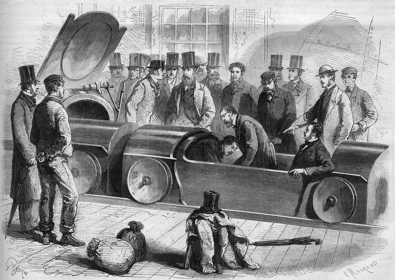 इंग्लैंड 1865: लंदन एयर रेलवे। ड्यूक ऑफ बकिंघम और कंपनी के कई सदस्यों ने वायवीय यात्रा शुरू की। 1865 से उत्कीर्णन। द्वारा फ्रेंच स्कूल
