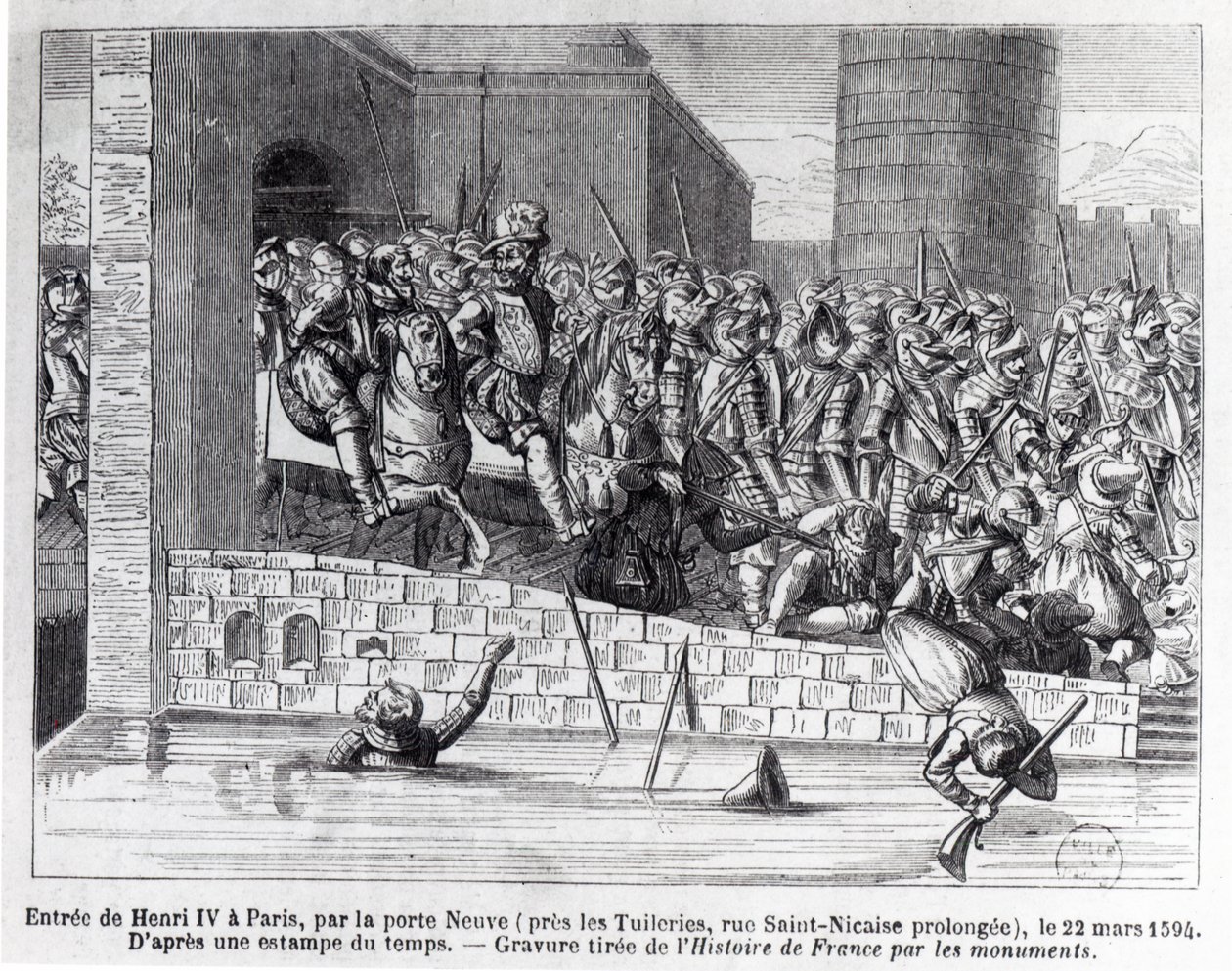 हेनरी IV (1553-1610) का पेरिस में प्रवेश, 22 मार्च 1594 (उत्कीर्णन) (bw फोटो) द्वारा फ्रेंच स्कूल