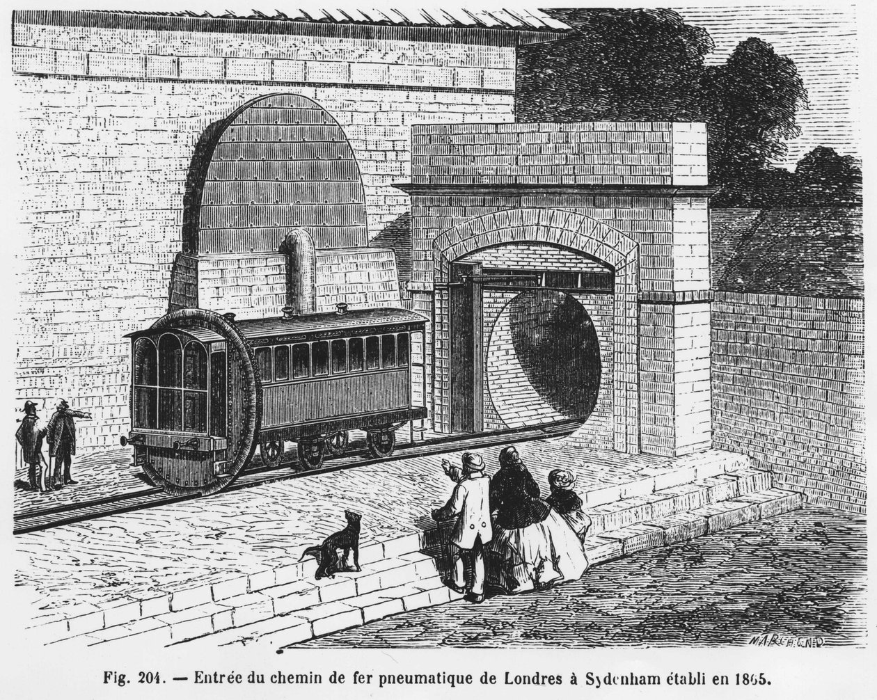 लंदन से सिडेनहैम के लिए न्यूमेटिक रेलवे का प्रवेश, 1865 में स्थापित - एल फिगुएर द्वारा "द वंडर्स ऑफ साइंस" में। मैं द्वारा फ्रेंच स्कूल