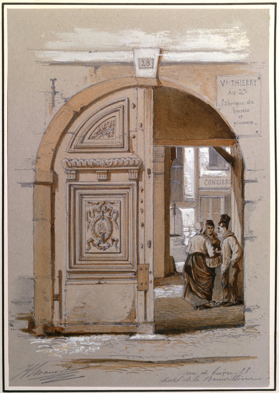 Marquise de Brinvilliers के होटल में प्रवेश, 28 rue de Bievre, पेरिस (चाक और कागज पर गोंद) द्वारा फ्रेंच स्कूल