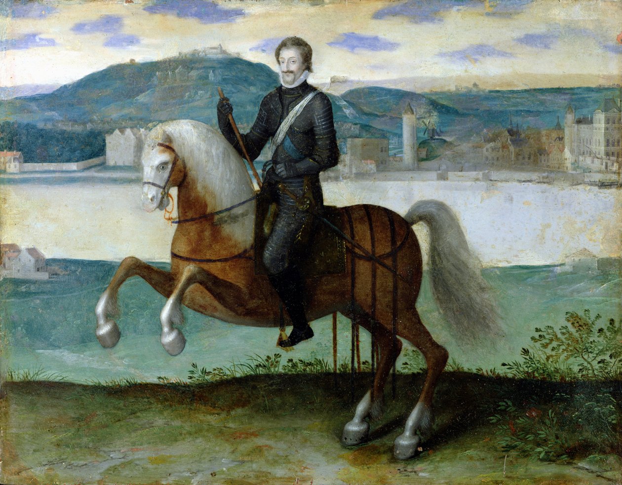 पेरिस, 1594 की दीवारों से पहले हेनरी IV (1553-1610) फ्रांस के राजा का अश्वारोही चित्र द्वारा फ्रेंच स्कूल