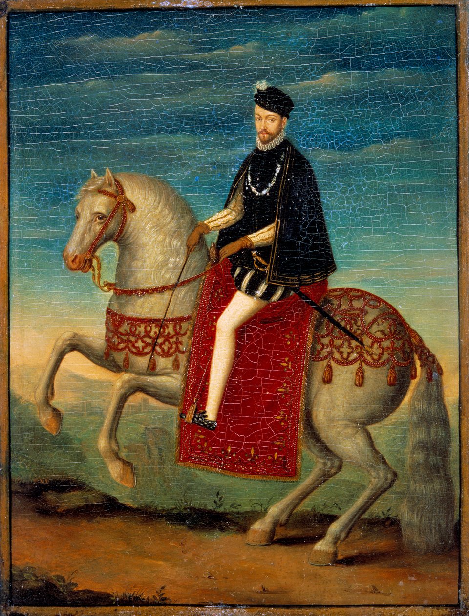 चार्ल्स IX (1550 - 1574) का घुड़सवारी चित्र। फ्रेंच स्कूल की अनाम पेंटिंग painting द्वारा फ्रेंच स्कूल