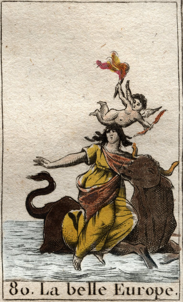 पियरे ब्लैंचर्ड 1803 द्वारा "माइथोलोजी डे ला जेनेसे" से एक बैल के रूप में ज़ीउस द्वारा यूरोपा का अपहरण कर लिया गया। द्वारा फ्रेंच स्कूल