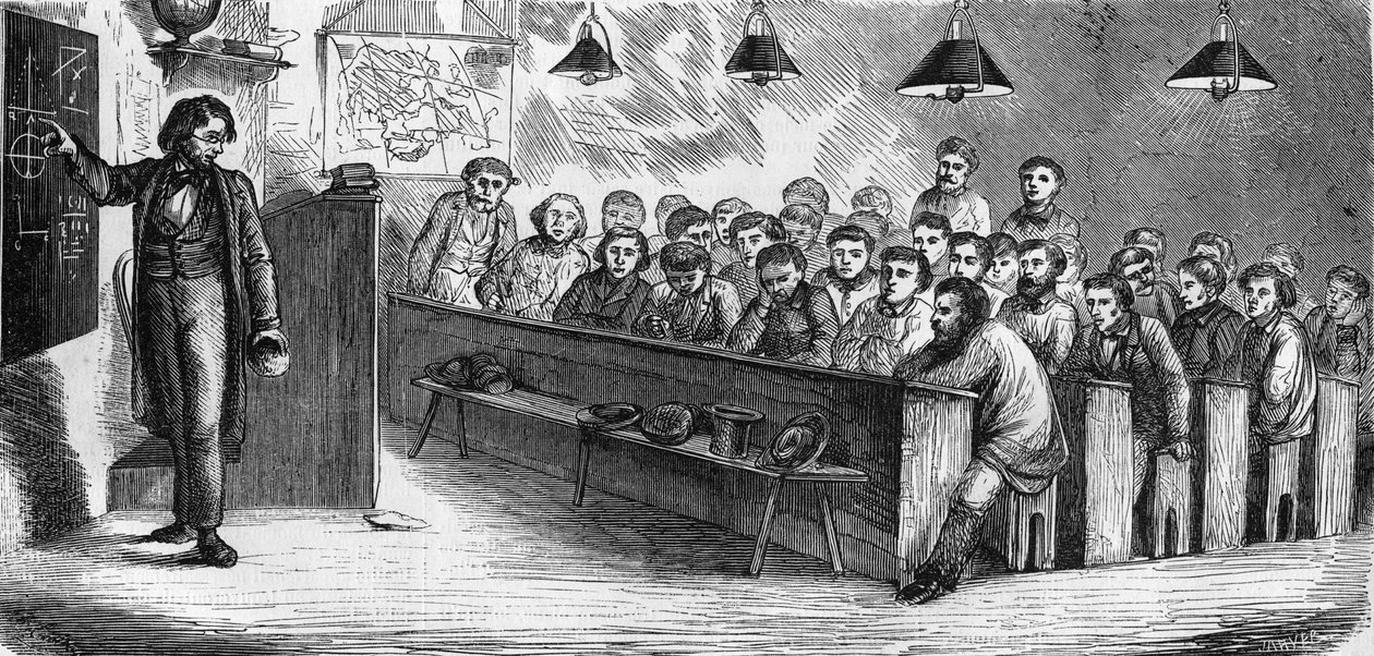 1858 में पेरिस के एक पब्लिक एडल्ट स्कूल में शाम की कक्षा। द्वारा फ्रेंच स्कूल