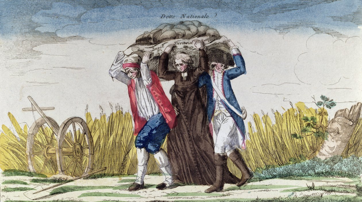सभी लोग कर और राष्ट्रीय ऋण का बोझ उठाते हैं, c.1789 (रंग उत्कीर्णन) द्वारा फ्रेंच स्कूल