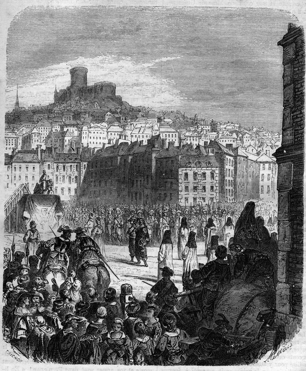 हेनरी कोइफ़ियर डी रुज़ डी'एफ़ियाट का निष्पादन, सिंक-मार्स (सिन्क मार्स) (1620-1642), किंग लुई XIII के "पसंदीदा" और फ्रेंकोइस अगस्टे डी थू (1607-1642), प्लेस डेस टेरेक्स में फ्रांसीसी मजिस्ट्रेट का निष्पादन। ल्यों। "हिस्टोर डेस पेप्स-रोइस द्वारा फ्रेंच स्कूल