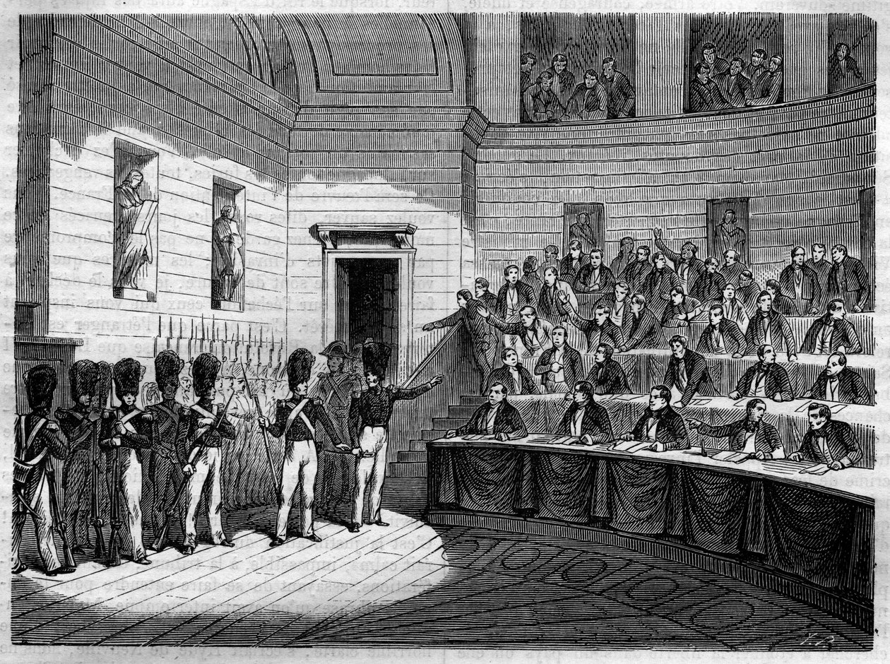 जैक्स एंटोनी (जैक्स-एंटोनी) मैनुअल (1775-1827) का निष्कासन फ्रांसीसी उदारवादी वकील और हाउस ऑफ डेप्यूट्स के राजनेता। मौरिस लाचत्रे द्वारा "हिस्टोइरे डेस पेप्स-रोइस-क्वीन एंड एम्पीयरर्स थ्रू द सेंचुरी" में उत्कीर्णन द्वारा फ्रेंच स्कूल