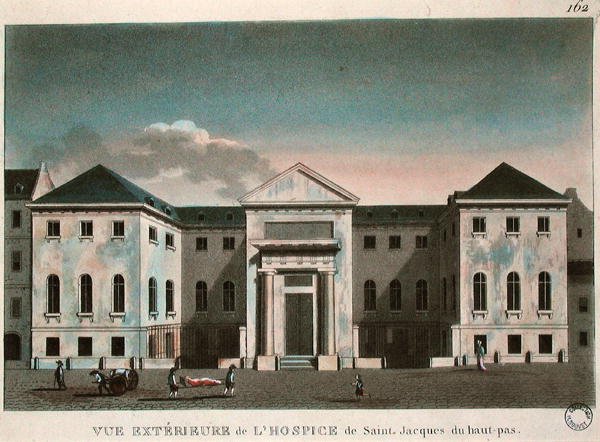हॉस्पिस सेंट-जैक्स का बाहरी दृश्य, c.1800 (रंगीन उत्कीर्णन) द्वारा फ्रेंच स्कूल