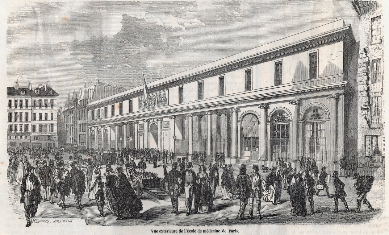 पेरिस के स्कूल ऑफ मेडिसिन का बाहरी दृश्य - एडमंड टेक्सियर 1852 द्वारा "झांकी-डी-पेरिस" में उत्कीर्णन द्वारा फ्रेंच स्कूल