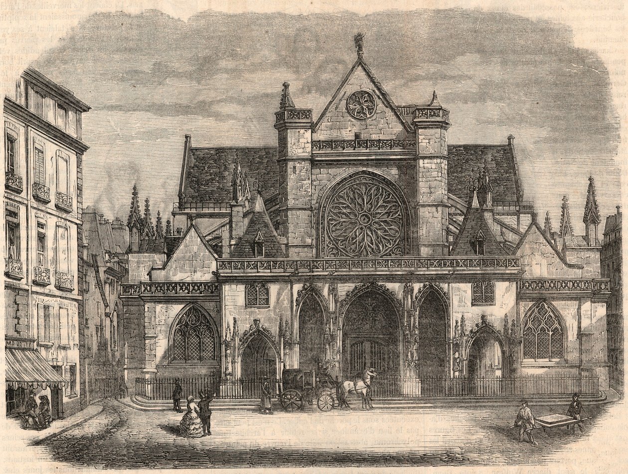 पेरिस में चर्च सेंट-जर्मेन (सेंट जर्मेन) l'Auxerrois का बाहरी दृश्य - एडमंड टेक्सियर 1852 द्वारा "झांकी-डी-पेरिस" में उत्कीर्णन द्वारा फ्रेंच स्कूल