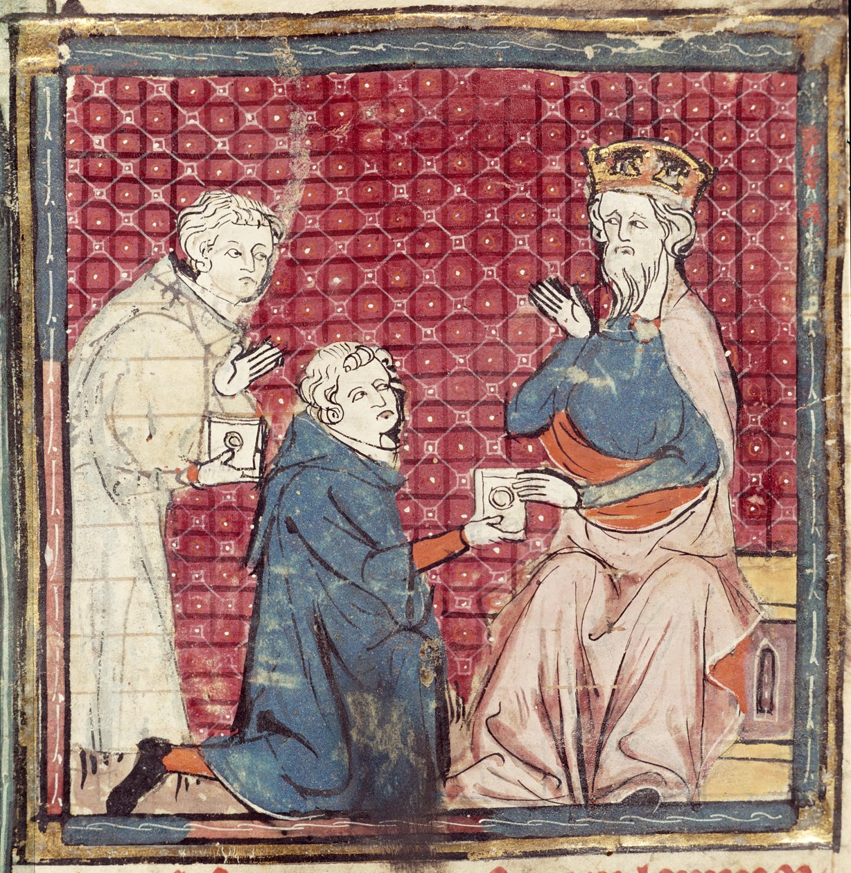 F.117r मेसेंजर्स ने ग्रैंड क्रोनिक्स डे फ्रांस, 1375-79 से सराकेन पर जीत का शारलेमेन बताया द्वारा फ्रेंच स्कूल