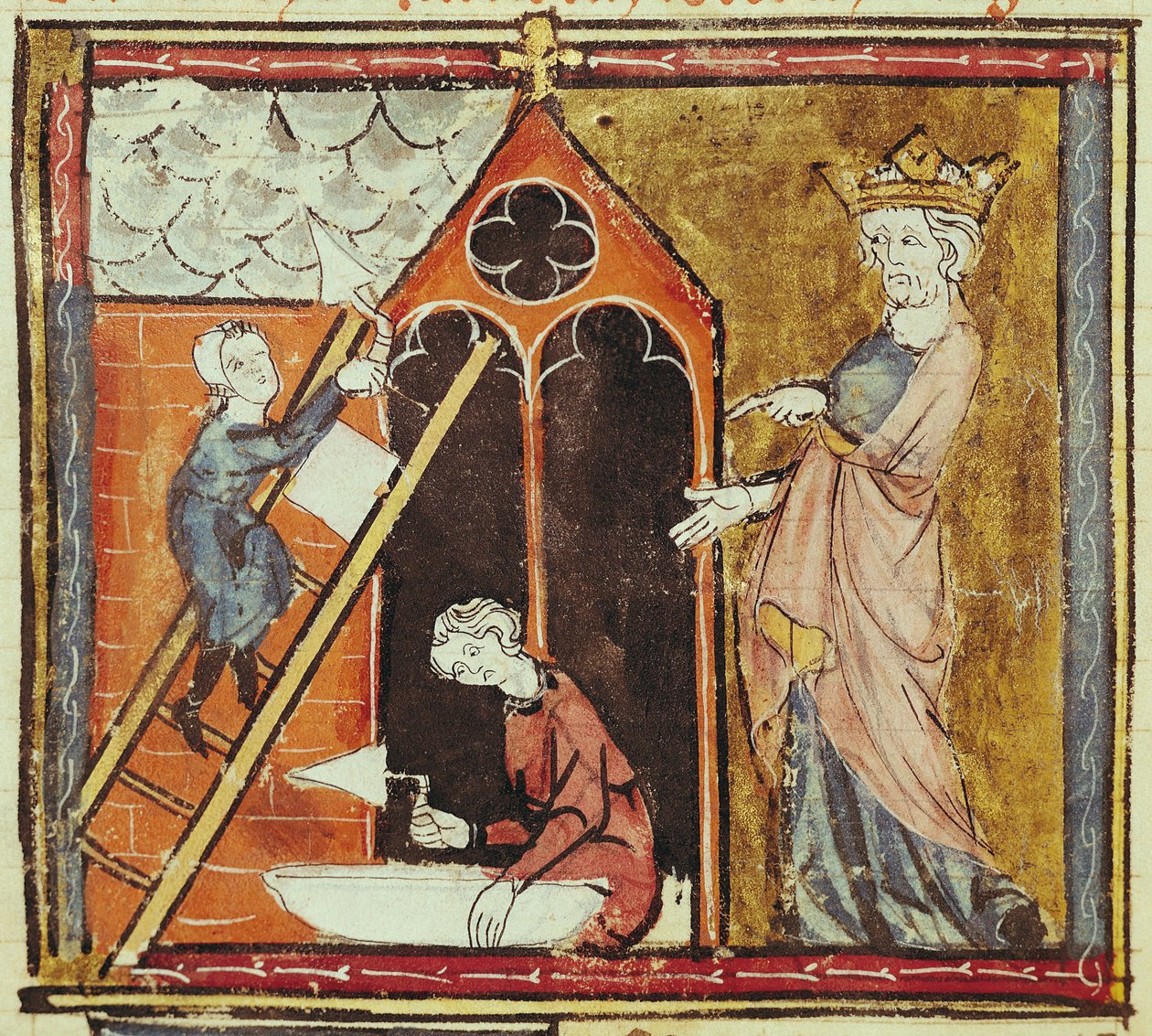 F.235v राजा लुई VI (1080-1137) ग्रैंड क्रोनिक्स डे फ्रांस 1375-79 से एक चर्च का निर्माण देखना द्वारा फ्रेंच स्कूल