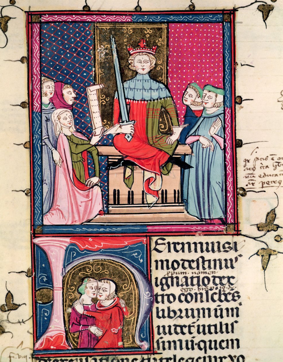 F.39r कंजुगल लॉ, एक व्यभिचारी पत्नी जो कोर्ट में पेश होती है, फोर्टियाटम में जस्टिनियन से द्वारा फ्रेंच स्कूल