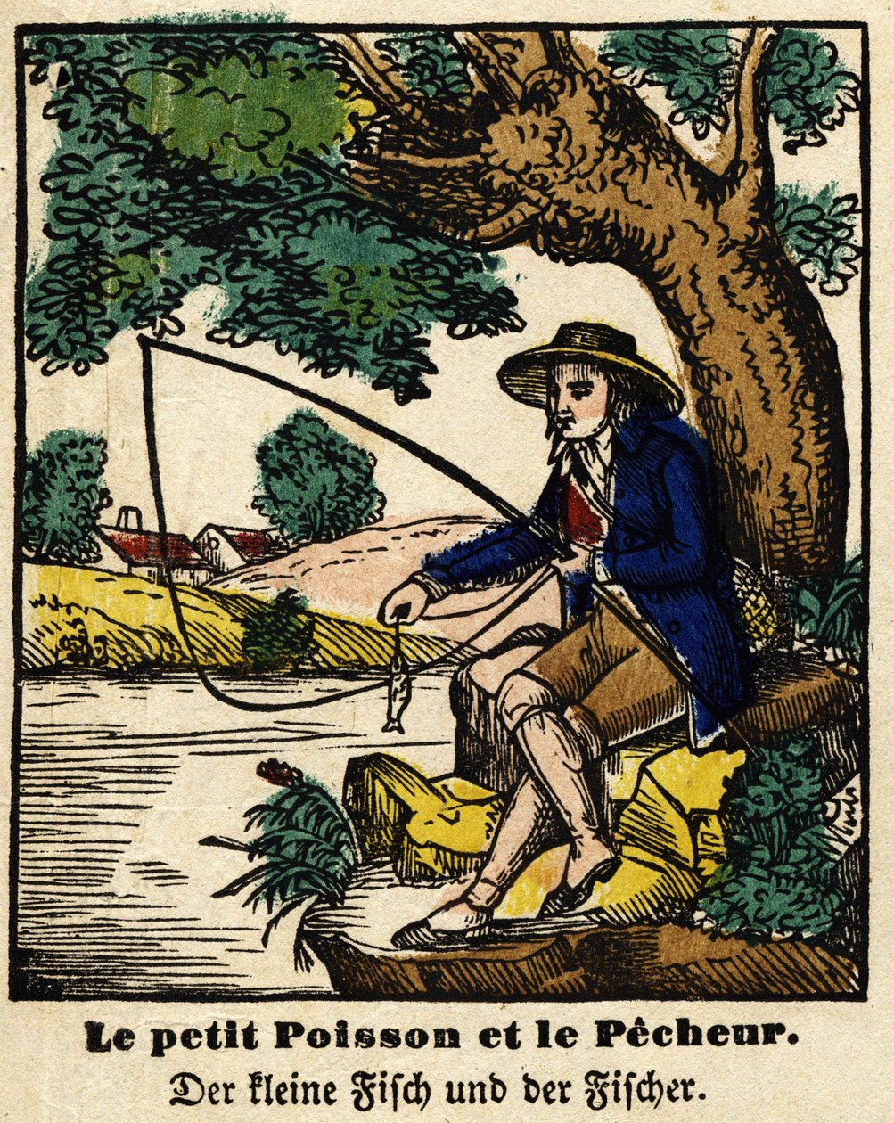 Fables de La Fontaine: छोटी मछली और मछुआरे। एपिनल की छवि, 19वीं सदी की पहली छमाही। द्वारा फ्रेंच स्कूल