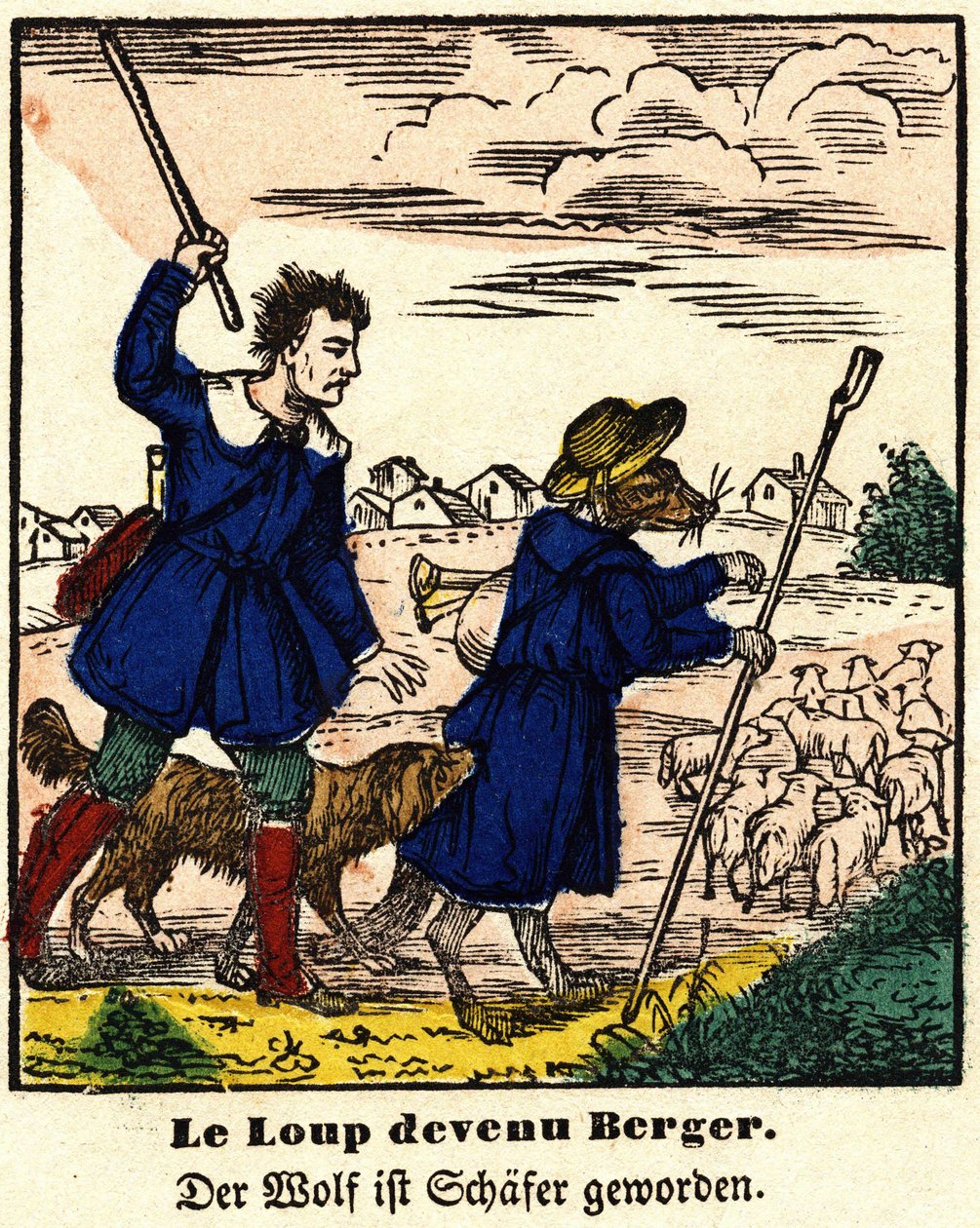 Fables de La Fontaine: भेड़िया चरवाहा बन गया। एपिनल की छवि, 19वीं सदी की पहली छमाही। द्वारा फ्रेंच स्कूल