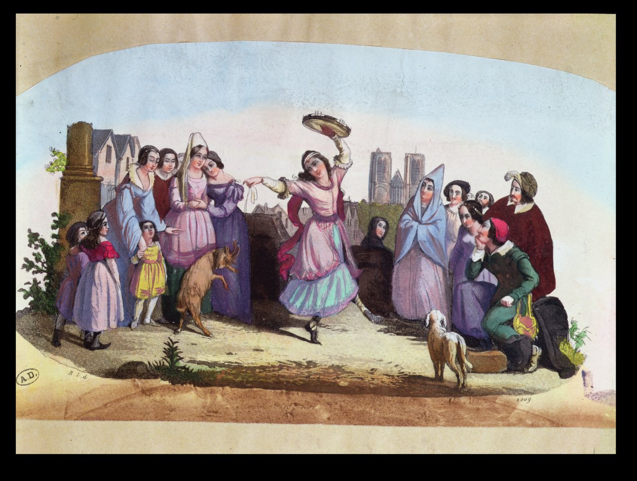 विक्टर ह्यूगो (1802-85) c.1836 के उपन्यास के बाद लुईस-एंजेलिक बर्टिन (1805-77) के एक ओपेरा, ला एसमराल्डा के एक दृश्य को दर्शाती फैन डिज़ाइन द्वारा फ्रेंच स्कूल