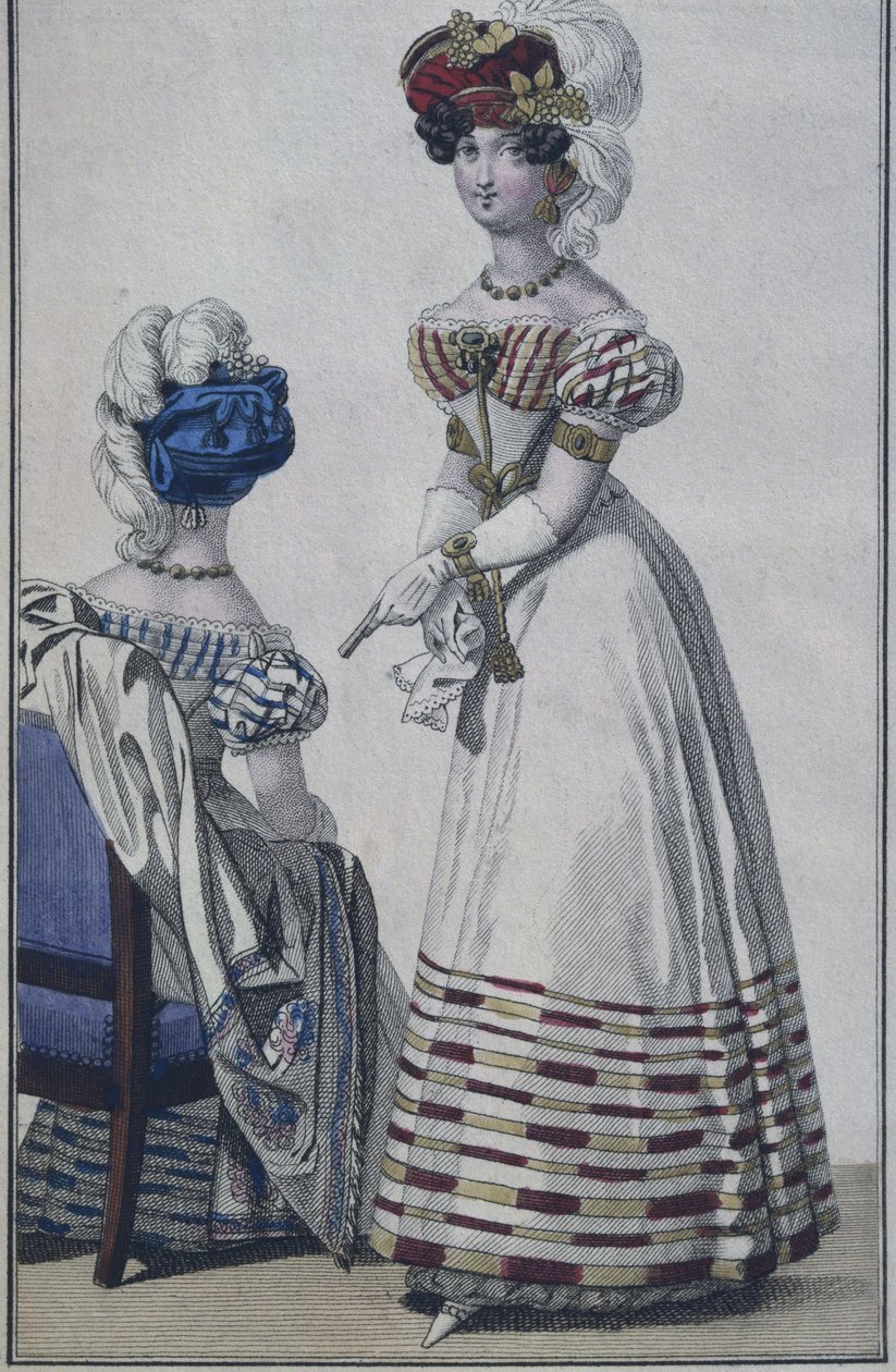 फैशन प्लेट, पेरिस, द लिटिल करियर डेस डेम्स से चित्रण, c.1820 (रंग उत्कीर्णन) द्वारा फ्रेंच स्कूल