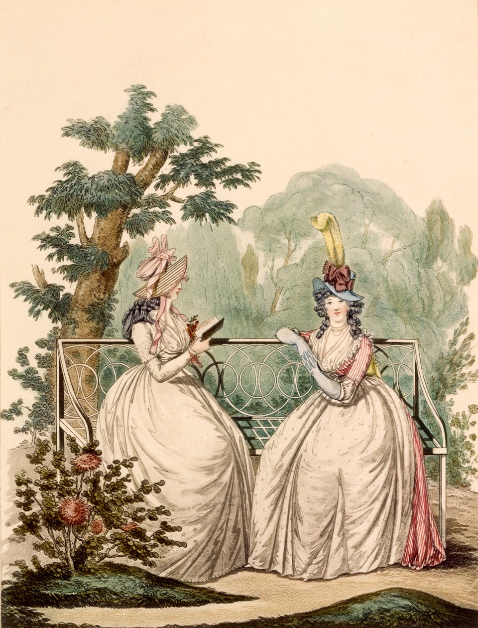 गर्मियों के दिन की पोशाक में महिलाओं की फैशन प्लेट - मोड्स एंगलाइज़, 1794 द्वारा फ्रेंच स्कूल
