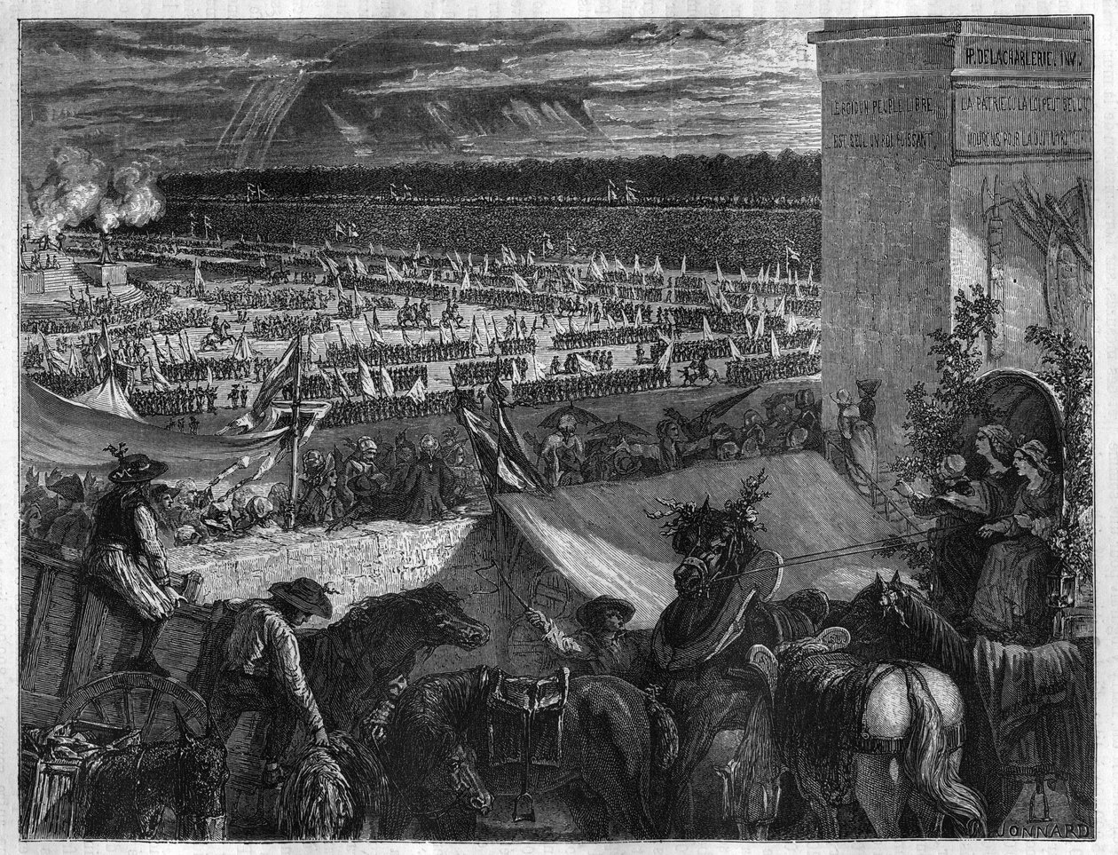 14 जुलाई 1790 को बैस्टिल पर कब्जा करने की पहली वर्षगांठ पर पेरिस में चैंप डी मार्स में फेडरेशन का पर्व। मौरिस लाचत्रे द्वारा "हिस्टोइरे डेस पेप्स-रोइस-क्वीन एंड एम्पीयरर्स ए ट्रैवर्स लेस सेंचुरी" में उत्कीर्णन द्वारा फ्रेंच स्कूल