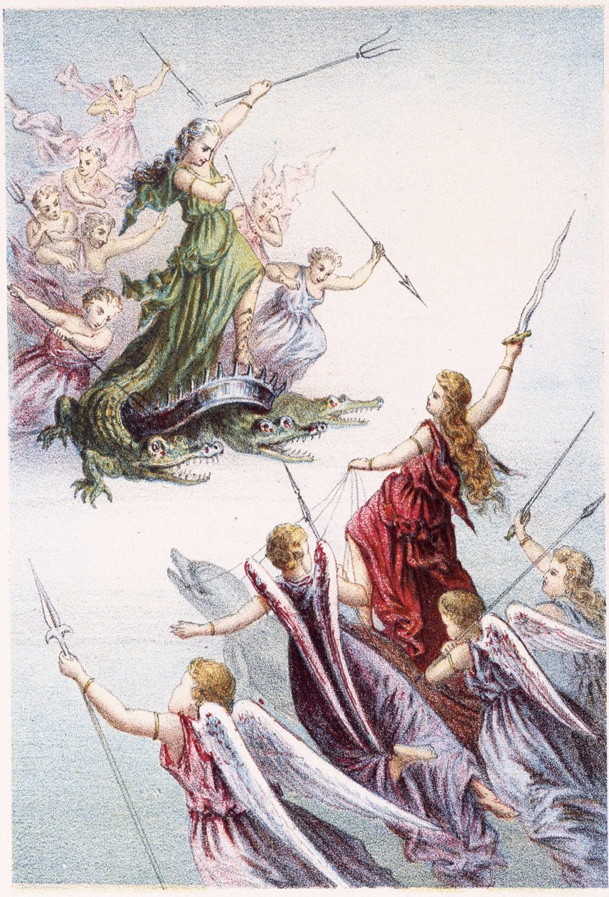 समुद्र की बुरी और अच्छी आत्माओं के बीच लड़ाई - एच. डे ला ब्लैंचरे द्वारा ""समुद्र के तल की यात्रा"" में। पेरिस, एड. जौवेट एट सी, एसडी। १८८०. (डबल ०२९५०) द्वारा फ्रेंच स्कूल