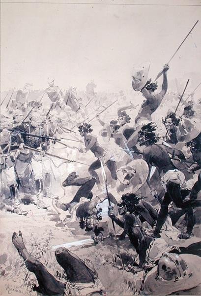 ज़ूलस और अंग्रेजी सैनिकों के बीच लड़ाई, c.1878 (कागज पर पानी के रंग का) द्वारा फ्रेंच स्कूल