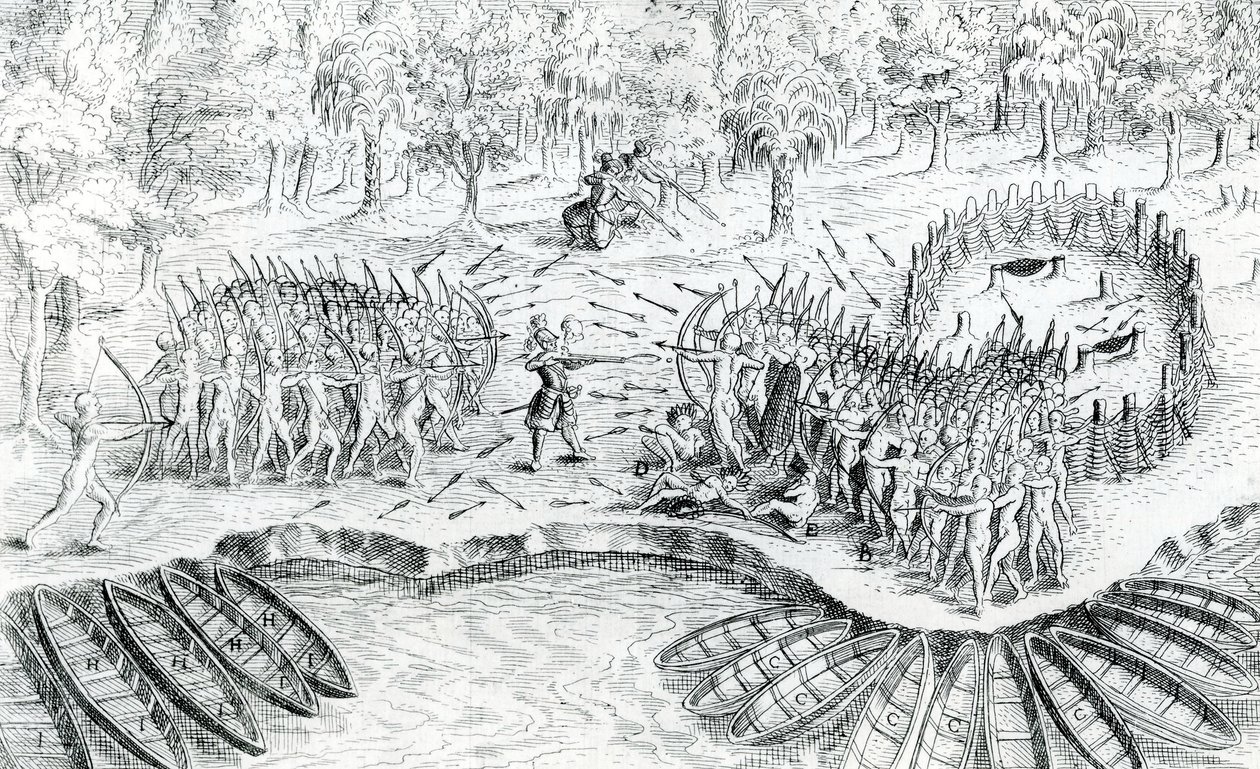 1624 में वॉयज डी चम्पलेन से ह्यूरन्स की लड़ाई, 1567-1635 को सैमुअल डे चमप्लैन द्वारा द्वारा फ्रेंच स्कूल