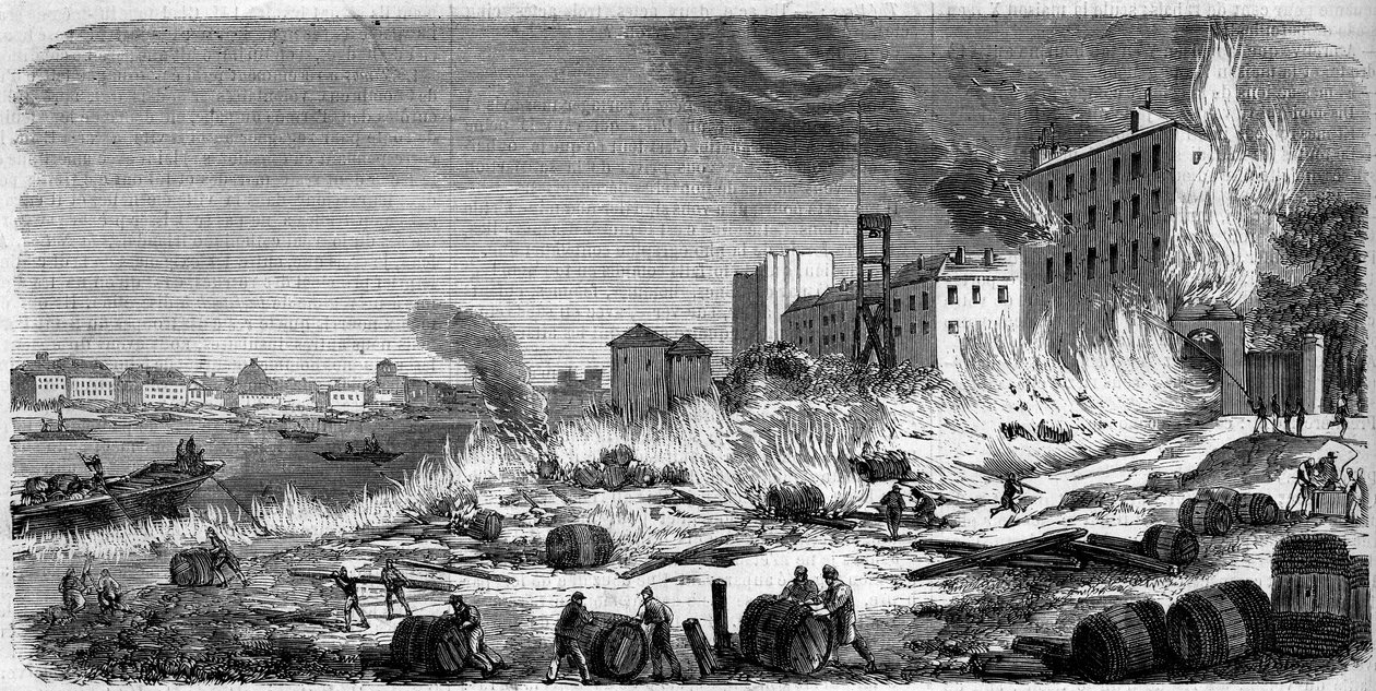 5 अगस्त 1860 को बर्सी वाइन गोदामों में आग लगी। 11 अगस्त 1860 के "" ले मोंडे इलस्ट्रेटे"" एन °174 में उत्कीर्णन। द्वारा फ्रेंच स्कूल