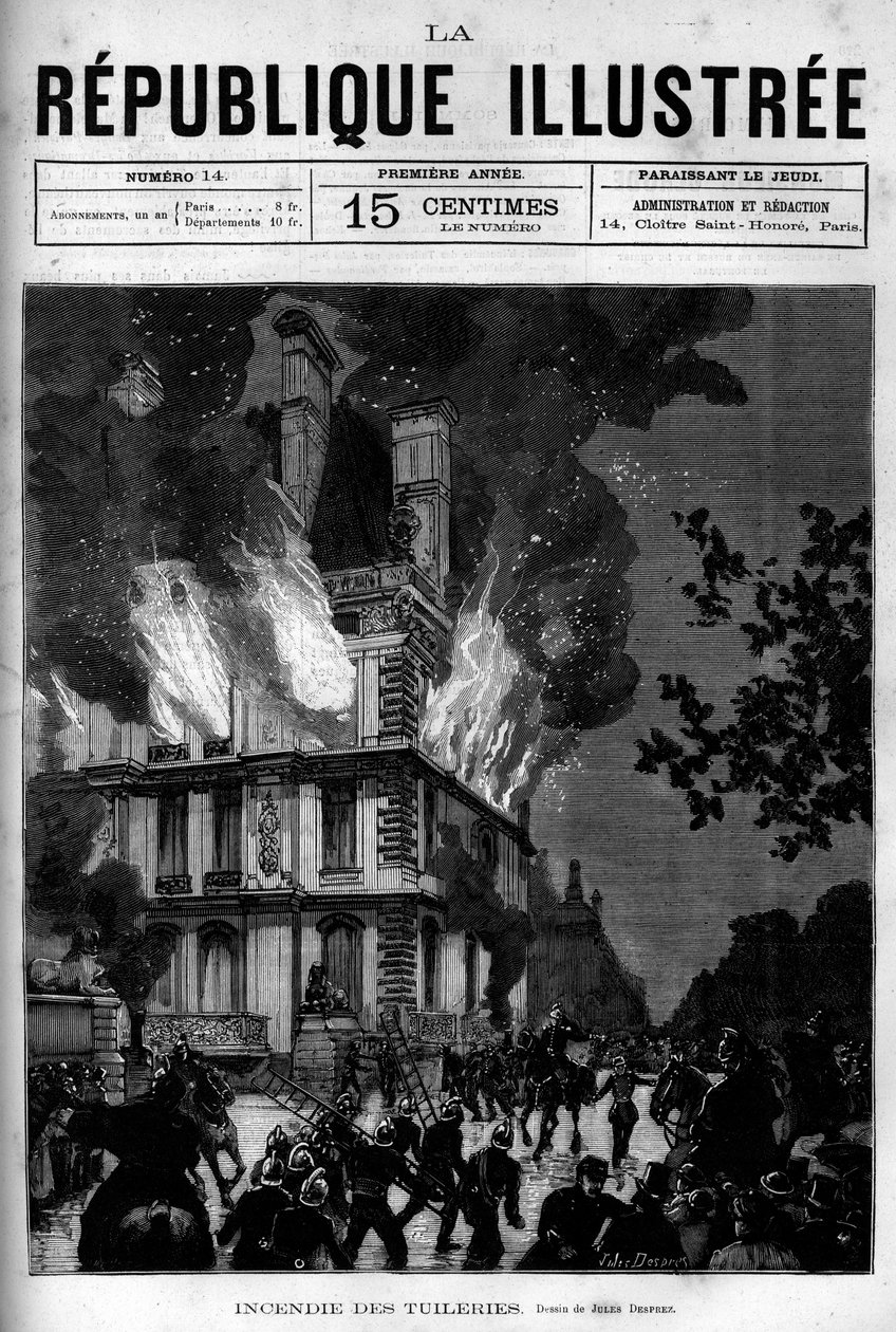पेरिस में ट्यूलरीज में फ्लोर पैवेलियन की आग। एक अखबार। 1880 से "ला रिपब्लिक इलस्ट्री" निजी संग्रह में उत्कीर्णन। द्वारा फ्रेंच स्कूल