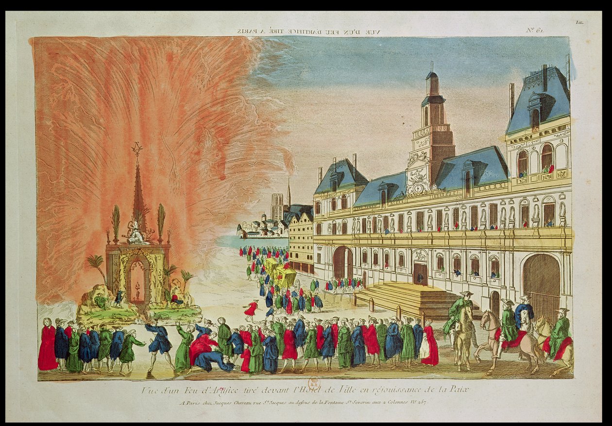 पेरिस में होटल डी विले के सामने आतिशबाजी, 1783 की शांति का उत्सव मनाते हुए द्वारा फ्रेंच स्कूल