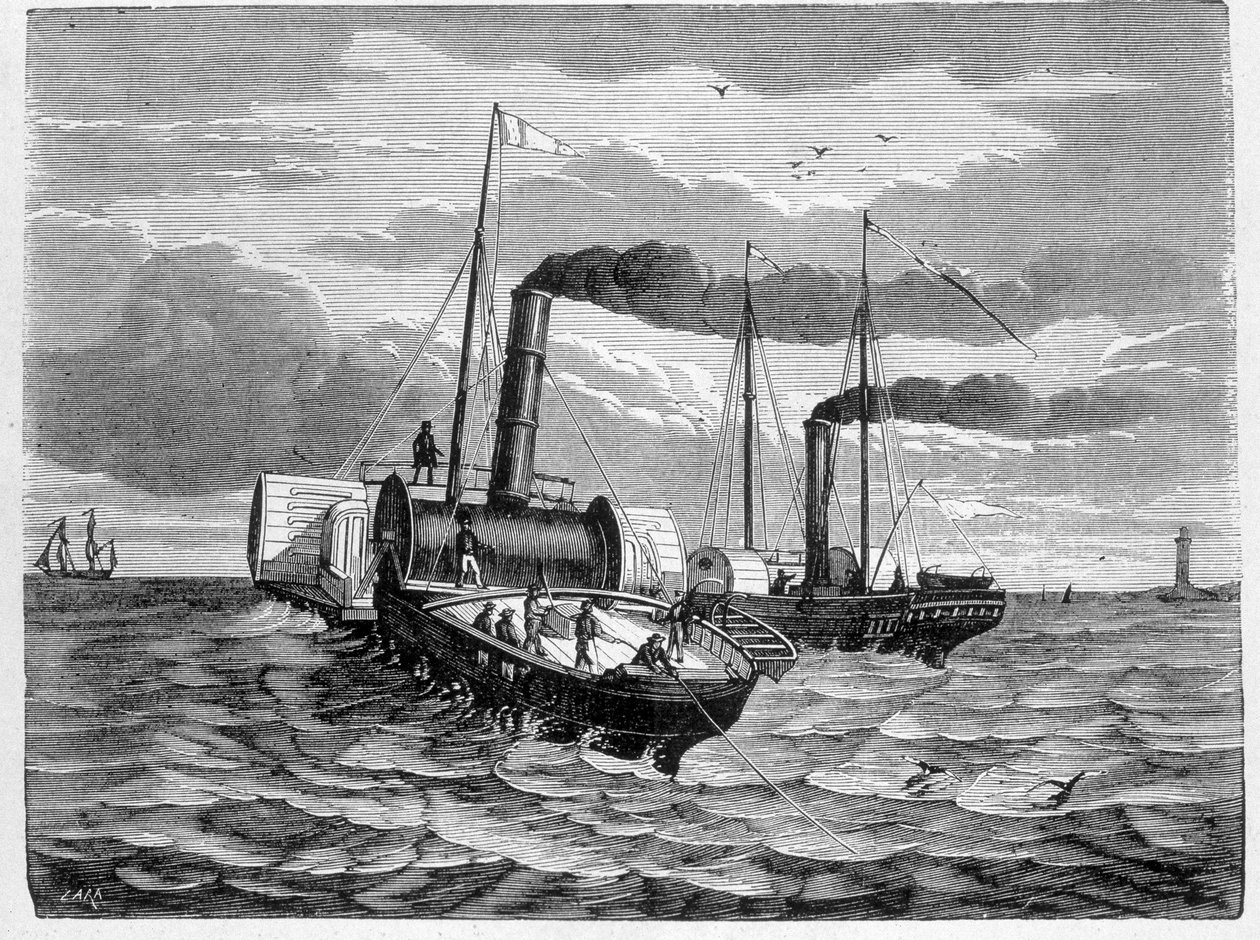 डोवर से कैलिस (1851) तक एक विद्युत कंडक्टर की स्थापना का पहला प्रयास - "" विज्ञान के एल्बम में; प्रसिद्ध वैज्ञानिक; महान खोजें ”” ”1896। द्वारा फ्रेंच स्कूल