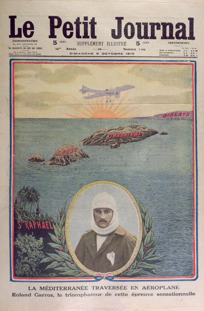 रोलांड गैरोस (1888-1918) द्वारा भूमध्य सागर की पहली बार 23 सितंबर 1913 को पार, ले पेटिट जर्नल का चित्रण 5 अक्टूबर 1913 द्वारा फ्रेंच स्कूल