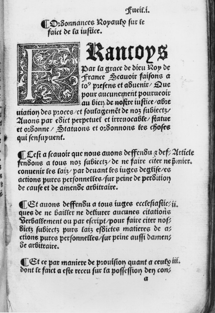 विलियर्स-कॉटरसेट्स के अध्यादेश से पहला पृष्ठ, 1539 (मुद्रित पत्र) द्वारा फ्रेंच स्कूल