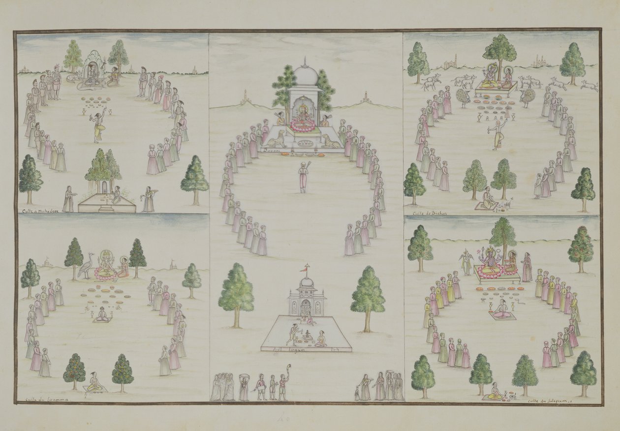 पांच हिंदू पंथ: द जेंटिल एल्बम से शिव, कृष्ण, विष्णु, ब्रह्मा और देवी द्वारा फ्रेंच स्कूल