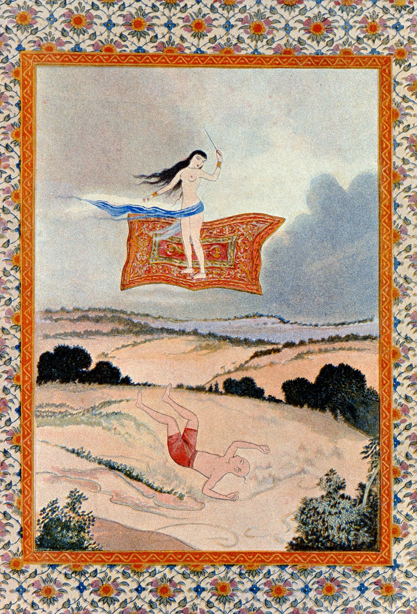 फ्लाई, हे मैजिक कार्पेट एंड ट्रांसपोर्ट मी, द अरेबियन नाइट्स का चित्रण। 1895 (रंग उत्कीर्णन) द्वारा फ्रेंच स्कूल